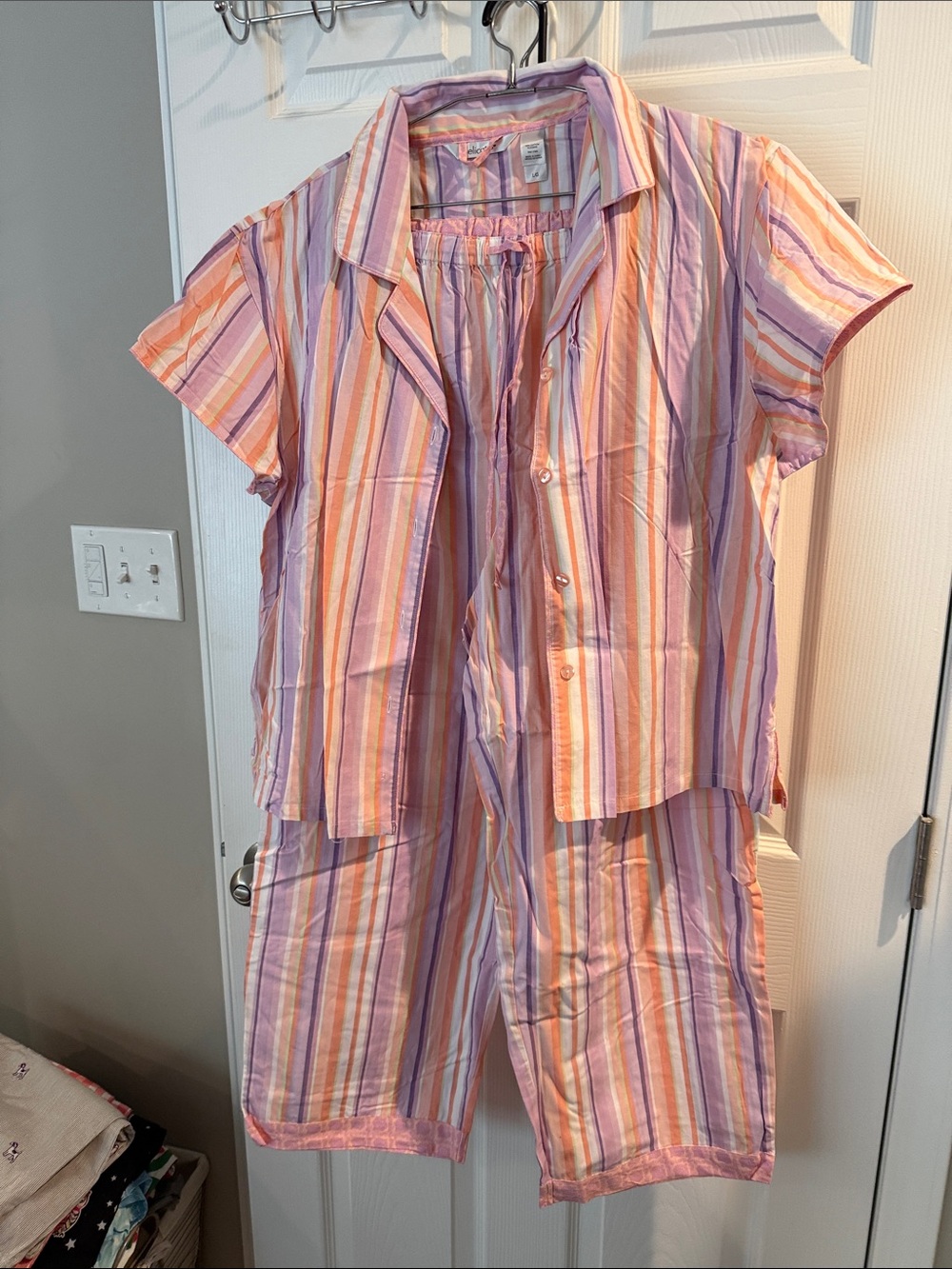 delicates Striped Short-Sleeve Pajama Set - Pink, Orange & Purple